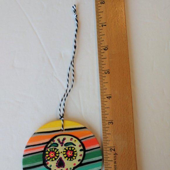Handmade Ornament with Hand Painted Sugar Skull and Stripes For Dia De Muertos - Picture 10 of 16